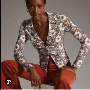 Maeve‎ by Anthropologie Floral Ruched Button Front Shirt Medium boho staple